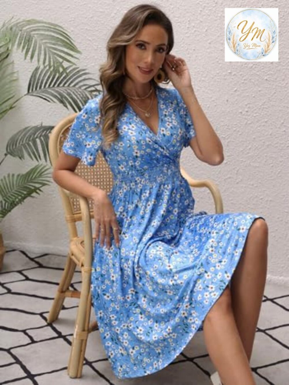 Midi Floral Dress - Short Sleeve Wrap V-Neck Smocked Waist A-Line with Pockets - Picture 4 of 7